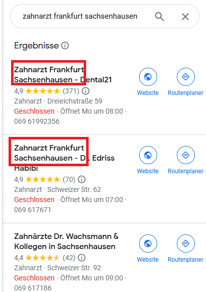 Rankings Google Maps Zahnarzt Frankfurt Sachsenhausen