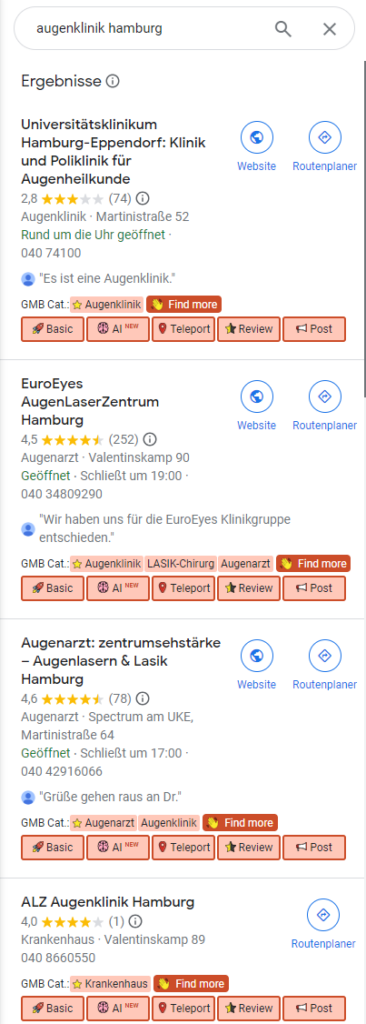 Gute Kategorieauswahl Google My Business Profil für Augenklinik