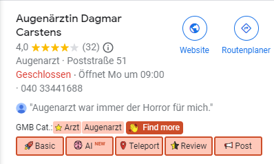 Schlechte Kategorieauswahl für Augenarzt Profil Google My Business